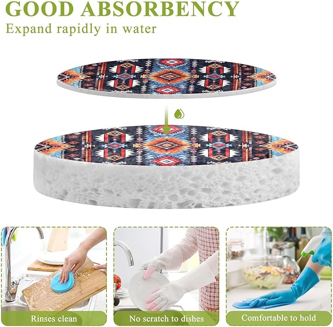 Aztec Kitchen Scrub Sponges, Pop-up Kitchen Cleaning Sponges Reusable Dish Washing Sponges for Bathroom Household Cleaning 3 Pack - Non Scratch Scrubber