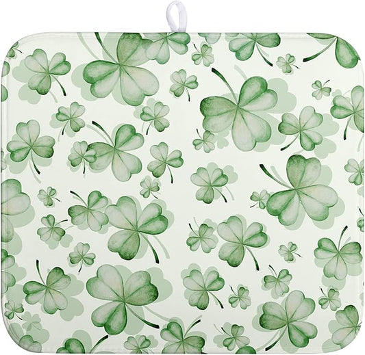 St Patrick's Day Clover Dish Drying Mat for Kitchen Counter Green Lucky Shamrock Microfiber Dish Drainer Mat St. Patrick's Day Absorbent Reversible Drying Pad Spring Sage Leaf Dish Rack Mat 16x18 In