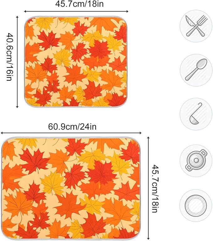 Autumn Maple Leaves Thanksgiving Dish Drying Mat for Kitchen Counter Absorbent Microfiber Drying Pad, Medium 16x18 in