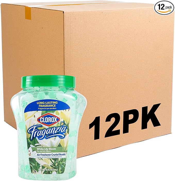 Clorox Fraganzia Crystal Beads Air Freshener, Long Lasting Room Deodorizer and Odor Eliminator Gel Beads to Freshen Home, Car, or Office, White Lily Bloom Scent, 12 Fl Oz - 12 Pack