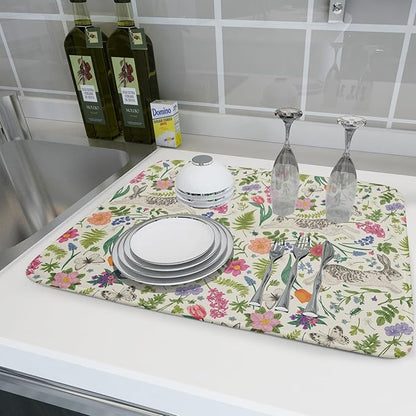 Spring Easter Dish Drying Mat for Kitchen Counter 18x24 Rabbit Bunny Green Pink Floral Vintage Print Absorbent Reversible Microfiber Drying Mats Kitchen Countertop Protector Dishes Drainer Rack Pad