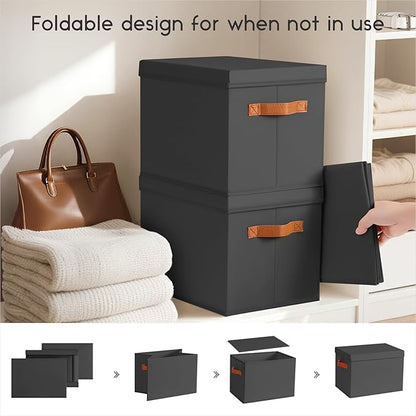 Storage Bins with Lids - Large Fabric Closet Bins with Lid, 8 Pack Clothes Organizers and Storage, Collapsible Stackable Cube Basket for Home, Office, Dorm, Black