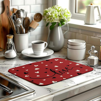 Valentine Dish Drying Mat for Kitchen Counter Valentines Day Red Black Love Heart Holiday Drying Mats Absorbent Microfiber Dish Draining Mat Medium Dish Rack Pad 16x18 Inch