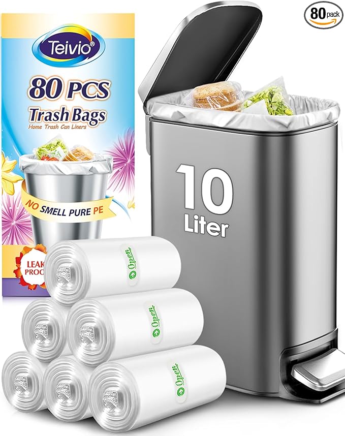 2.6 Gallon 80 Counts Strong Trash Bags Garbage Bags by Teivio, Bathroom Trash Can Bin Liners, Small Plastic Bags for Home Office Kitchen,fit 10 Liter, 2,2.5,3 Gal, Clear