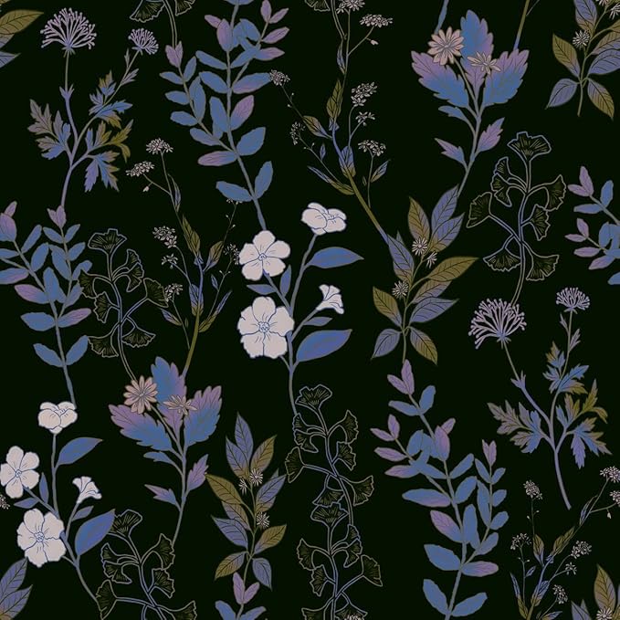 Fvlow Black Blue Floral Wallpaper Peel and Stick Boho Blue Purple Leaf Contact Paper 17.4" X 118" Vintage Wallpaper Waterproof Self-Adhesive Dark Wall Covering for Bedroom Countertop Desk Cabinets
