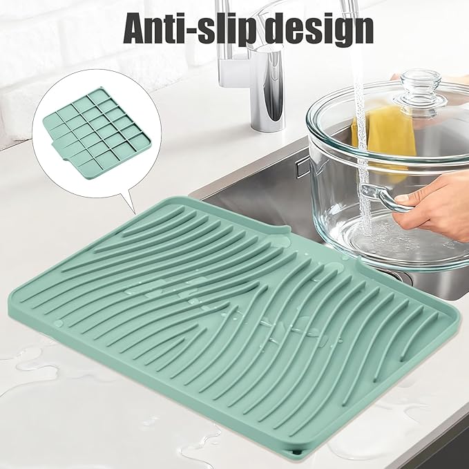 TIKNIK Silicone Dish Drying Mat, Stone Drying Mat for Kitchen Counter with Built-In Drain, Non-Slip Drain Pad with Built-in Drain, Heat Resistant Stone Drying Mat, Hangable, Mint-1pcs, 16" x 12"