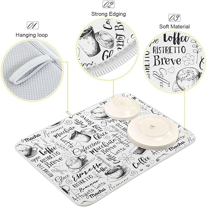 Coffee Cups Print Dish Drying Mat for Kitchen Counter Absorbent Microfiber Drying Pad, Large 18x24 in, Reversible Drainer Mats