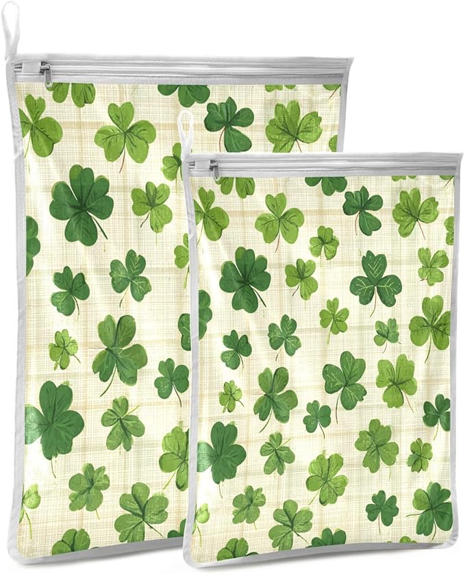 Mesh Laundry Bags Lingerie Bags for Washing Delicates 2 PCS Durable Wash Bag with Zipper Small and Medium Washable Beige Checkered Clovers