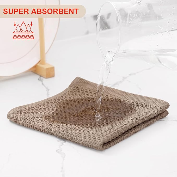 Kitinjoy 100% Cotton Kitchen Dish Cloths (12 X 12 Inches, Tan), 8 Pack Waffle Weave Ultra Soft Absorbent Dish Towels for Drying Dishes Quick Drying Kitchen Towels Dish Rags