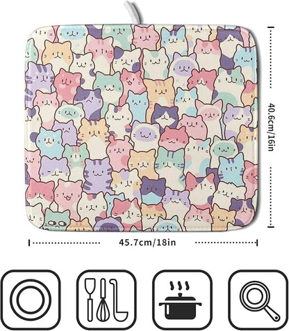 Colorful Cats Dish Drying Mat 16x18 inch Cute Animal Microfiber Reversible Fast Dry Dishes Drainer Rack Pad for Counter Kitchen Table Decor