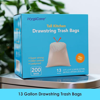 HygiCare 13 Gallon Tall Kitchen Trash Bags, Fresh Scent 200 Count Drawstring Garbage Bags, Pre-Separated, Odor Control, Ultra Strong, Leakproof, Sturdy, White