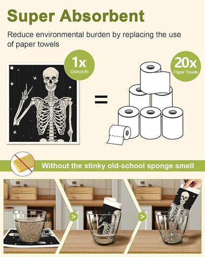 Swedish Dishcloths for Kitchen - 5 Pack Reusable Dish Cloths for Washing Dishes Absorbent Cute Funny Kitchen Towels Cleaning Sponge, Skull Design