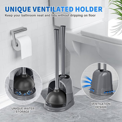 Toilet Plunger and Brush, Silicone Bowl Brush and Heavy Duty Toilet Plunger Set with Ventilated Holder, 2-in-1 Toilet Brush and Plunger Combo for 5.3-inch Bathroom Cleaning (Gray, 1 Set)