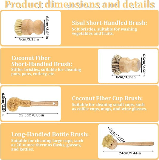 9 Pcs Bamboo Dish Brush Set Wooden Dish Brush with Sisal and Palm Fiber Natural Wooden Kitchen Brushs Practical Dishs Cleaning Brushs Sets for Pots Pans Bottle Sink Vegetables Household Cleaning