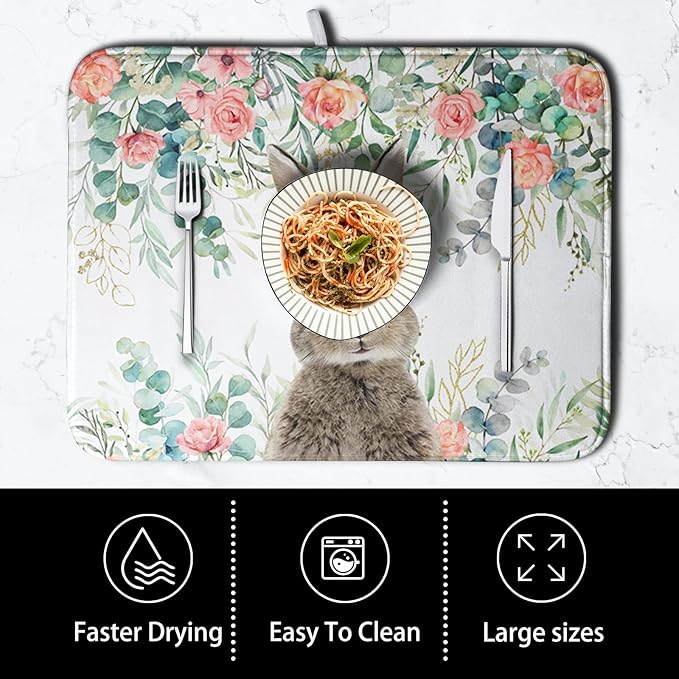 Easter Rabbit Dish Drying Mats for Kitchen Counter Easter Spring Watercolor Floral Bunny Absorbent Dish Drying Mat 16x18 Inch Absorbent Reversible Reusable Washable Dishes Drainer Mats