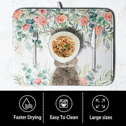 Easter Rabbit Dish Drying Mats for Kitchen Counter Easter Spring Watercolor Floral Bunny Absorbent Dish Drying Mat 16x18 Inch Absorbent Reversible Reusable Washable Dishes Drainer Mats