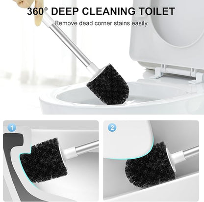 SetSail Toilet Brush and Holder, Self Closing Lid Toilet Bowl Brushes Holder and Extra Long Handle Ventilated Toilet Brush Set for Bathroom Cleaning, Nylon Bristles, White & Grey