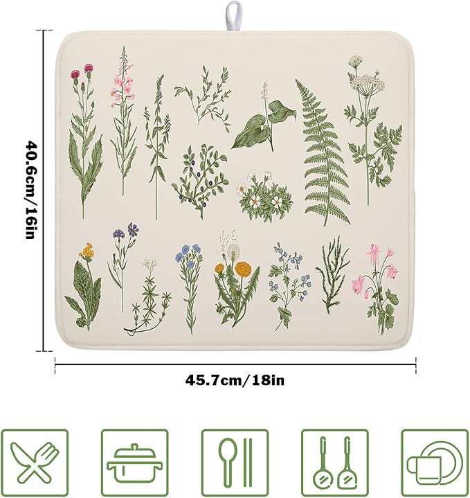 Kawani Sage Flower Herbs Dish Drying Mat For Kitchen Counter 16x18 In Green Leaves Microfiber Absorbent Dishes Pad Wild Plant Herbs Drying Pad Dish Drainer Rack Absorbent Fast Dry Kitchen Accessories