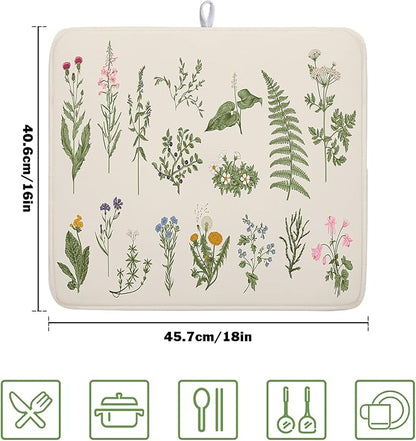 Kawani Sage Flower Herbs Dish Drying Mat For Kitchen Counter 16x18 In Green Leaves Microfiber Absorbent Dishes Pad Wild Plant Herbs Drying Pad Dish Drainer Rack Absorbent Fast Dry Kitchen Accessories
