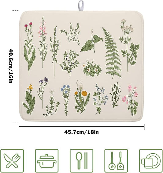 Kawani Sage Flower Herbs Dish Drying Mat For Kitchen Counter 16x18 In Green Leaves Microfiber Absorbent Dishes Pad Wild Plant Herbs Drying Pad Dish Drainer Rack Absorbent Fast Dry Kitchen Accessories