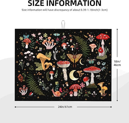 Mushroom Dish Drying Mat for Kitchen Counter 18"x24" Moth Gothic Witchy Dishes Pad Dish Drainer Rack Mats Microfiber Washable Absorbent Kitchen Decor, Black