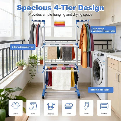 Foldable Clothes Drying Rack, 4 Tier Metal Clothes Rail with Wheels 7 Windproof Hooks Clothes Horses Rack Laundry Garment Dryer Stand with 2 Side Wings Indoor, Outdoor, Bedroom, Loft (Blue)