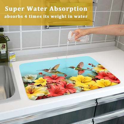 Kawani Spring Hummingbirds Floral Dish Drying Mat for Kitchen Counter 16x18 In Spring Hibiscus Tropical Drying Mat Fast Dry Absorbent Microfiber Dish Drainer Rack Pad Flower Mat for Countertop Decor