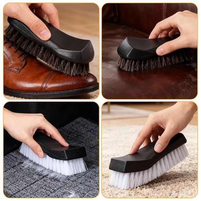 4-Piece Upholstery Cleaning Brush Set, Car Upholstery Brush with Horsehair & Nylon Bristles for Leather, Carpet, Couch, Boat & Auto Interior Detailing