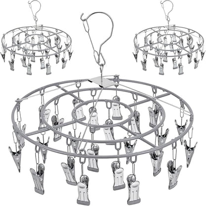 3 Pack Stainless Steel Foldable Round Hanging Drying Rack with 24 Clips, Swivel Hook Wind-Proof Clothes Hanger, Clothes Drying Rack for Laundry, Sock, Bras, Underwear, Laundry Accessories