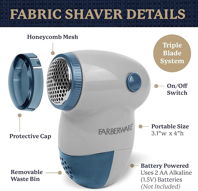 Farberware Lint Remover Fabric Shaver – Battery Operated Lint Shaver with Triple Blades for Clothes, Sweater Shaver to Remove Fuzz, Lint Balls, Pilling for Clothing, Couch, Furniture (Blue, Small)
