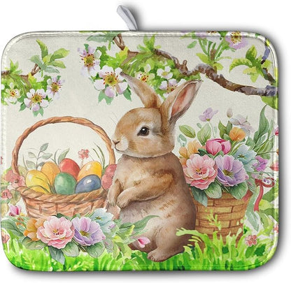 Easter Egg Bunny Dish Drying Mat for Kitchen Counter Floral Flower Basket Drying Mats Absorbent Dish Pad Spring Summer Holiday Medium Dish Draining Mat 18x24 inch