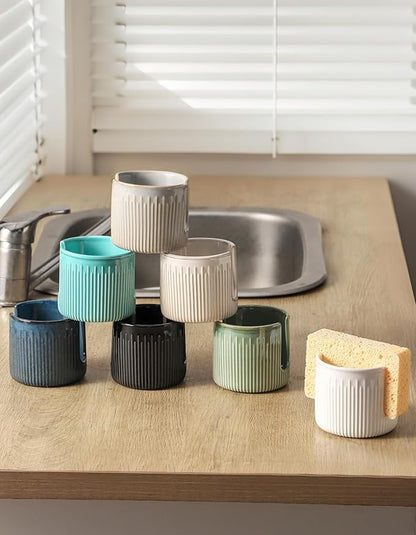 Ceramic Sponge Holder for Kitchen Sink, Scrub Sponge Dish Rack, Farmhouse Compact Sink Caddy Organizer, Black