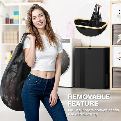 BlissTotes Laundry Basket with Lid, 150L Clothes Laundry Hamper with Handles and 2 Removable Laundry Bags, Breathable Design Hamper with Lid for Bedroom, Bathroom, Dorm, Laundry Room -Black