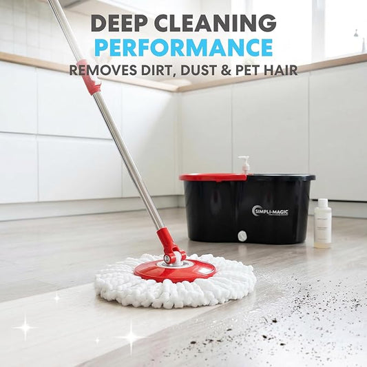 Simpli-Magic 360° Spin Mop and Bucket with Wringer – 3 High-Absorbent Microfiber Washable Heads – Spinning Mop and Bucket Set for All Types Floor Cleaning (Black)