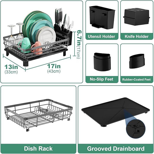 MOUKABAL Dish Drying Rack, Dish Rack, Stainless Steel Dish Racks for Kitchen Counter, Dish Drainer with Removable Utensil Holder, Drainboard (Grey,13''W x 17''L)