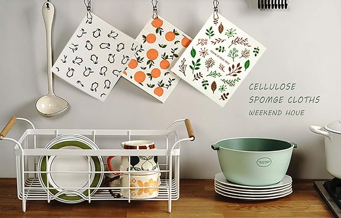 Swedish Dishcloth Reusable Kitchen Dish Towels Absorben and Fast Dry Cleaning Cloths Set of 4 No Odor Wipes (Leaf)