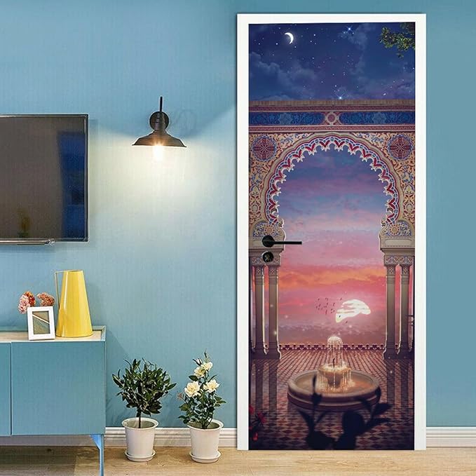 A.Monamour 3D Door Stickers for Interior Doors Balcony View at Sunset with Arabian Interior Design Vinyl Waterproof Self Adhesive Door Mural Decals for Bedroom Office Bathroom 85x200cm