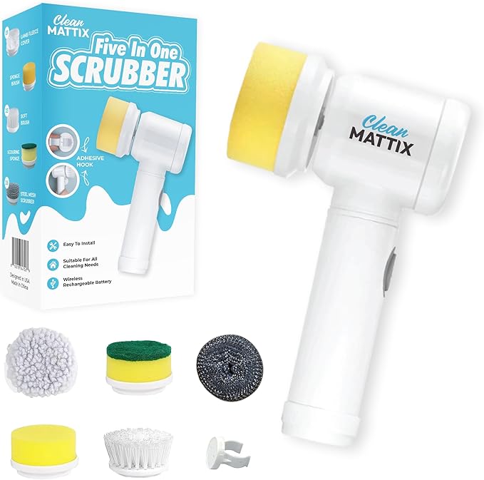 5-in-1 Electric Spin Scrubber – Cordless Power Scrubber for Bathroom, Tile & Grout – Rechargeable Shower Cleaner with 5 Brush Heads for Floor, Tub & Wall Cleaning