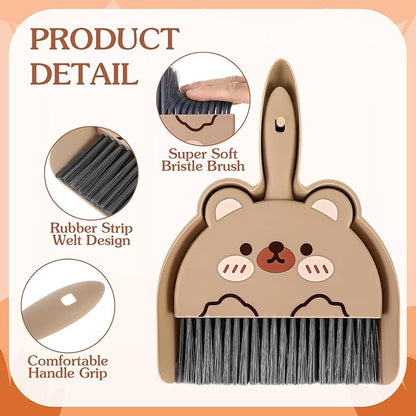 Ouligay Portable Hand Broom and Dustpan Set,Cute Mini Broom and Dustpan Set with Durable Brush,Lightweight Small Dust Pan and Broom Set for Desktop Cleaning Small Space Cleaning(Brown Bear)