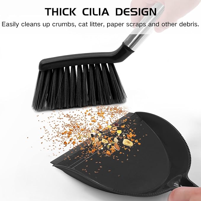 NACENA Mini Broom and Dustpan Set 2 Packs, Small Dust Pan and Brush Set with Handle Dustpan Teeth for Cleaning Hair Suitable for Office Desks Drawers Sofas Outdoor Camping, Black
