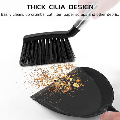 NACENA Mini Broom and Dustpan Set, Small Dust Pan and Brush Set with Handle Dustpan Teeth for Cleaning Hair Suitable for Office Desks Drawers Sofas Outdoor Camping, Black