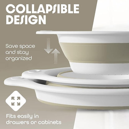Gevoli Collapsible Colanders (3 Pack Set) Food Strainers with Over-Sink Water Draining Base for Pasta Fruits and Vegetables, White/Beige (3 Sizes, 3QT, 4QT and 5 Quart)