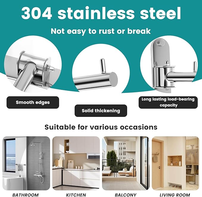 Wall Mounted Clothes Hanger Rack Swing Arm, Folding Clothes Hanger Space Saving Drying Rack Stainless Steel Laundry Room Valet Hook Holder Foldable Hanging Hook Rod for Laundry Closet Bedroom