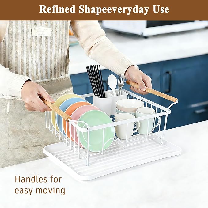 Dish Racks for Kitchen Counter, Thickened Metal Dish Drying Rack with Wooden Handles, Kitchen Countertop Organizer for Dishes, Spoons and Forks, No Assembly, White, 16.7''*12.6''*5.12''