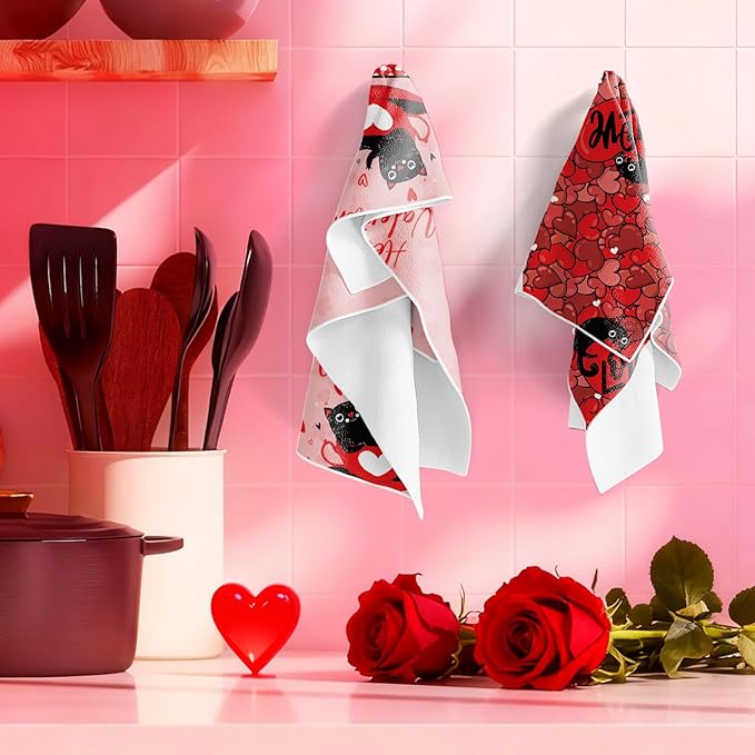 Valentines Day Kitchen Towels, 4PCS Cat Hand Towels for Cooking Cleaning, Absorbent Aesthetic Tea Towel with Hanging Loop for Valentines Home Kitchen Decor(16 X 24 Inches)