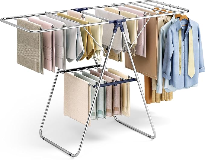 KINGBOARD Clothes Drying Rack,Stainless Steel Laundry Drying Rack with Height-Adjustable, Foldable Gullwing for Easy Storage, No Assembly, Indoor Outdoor Use, 56.4" D x 21.6" W x 39.3" H, Blue