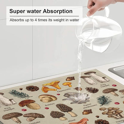 Mushroom Dish Drying Mats For Kitchen Counter XL Microfiber Kitchen Drying Mat Large Draining Pad Absorbent Quick Drying Dish Mat 18x24 Inch