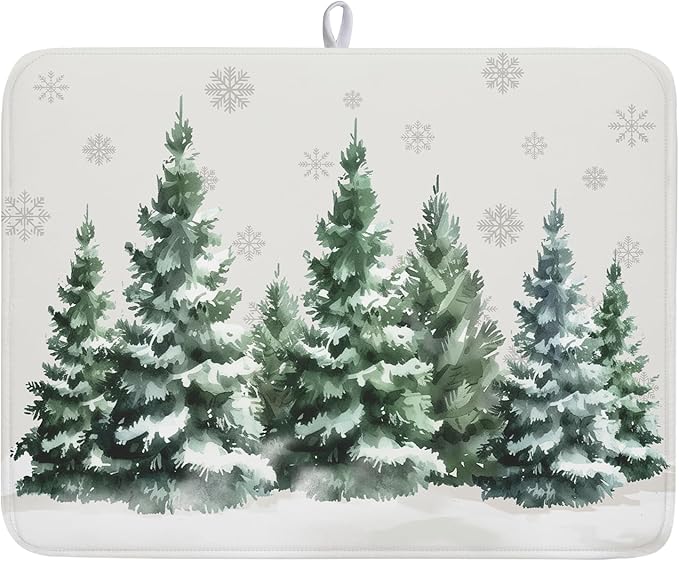 Winter Pine Tree Dish Drying Mat for Kitchen Counter 18x24 Inch Winter Decorative Dishes Mats Winter Absorbent Reversible Kitchen Drainer Pad Christmas Decorations Fast Dry Tableware Dishes Pad
