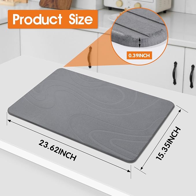 Snuggery Large Stone Drying Mat for Kitchen Counter - 24"x16" Dirt-Resistant Quick Drying Fast Absorbent Non-Slip Diatomite Mat, Natural Diatomaceous Earth Dish Drying Pad for Dish Rack(Dark Grey)