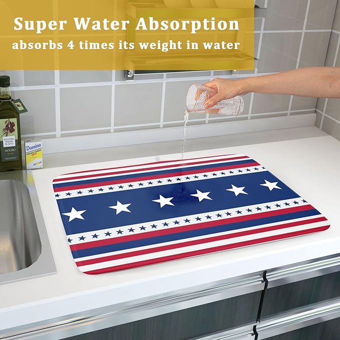 4th of July Dish Drying Mat For Kitchen Counter Independence Day Patriotic Star Stripes Memorial Day Microfiber Absorbent Drying Mats Reversible Kitchen Countertop Drainer Pad 18x24 Inch